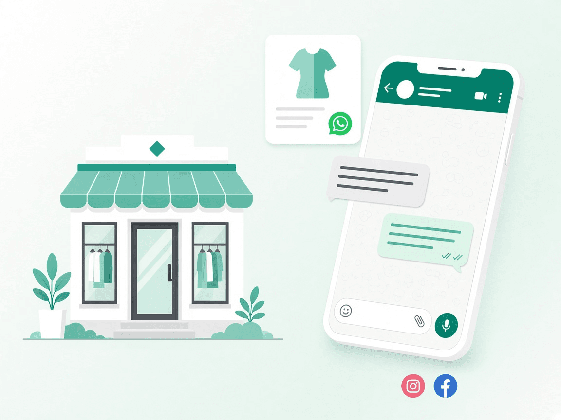 A retail storefront with a WhatsApp conversation answering a product question
