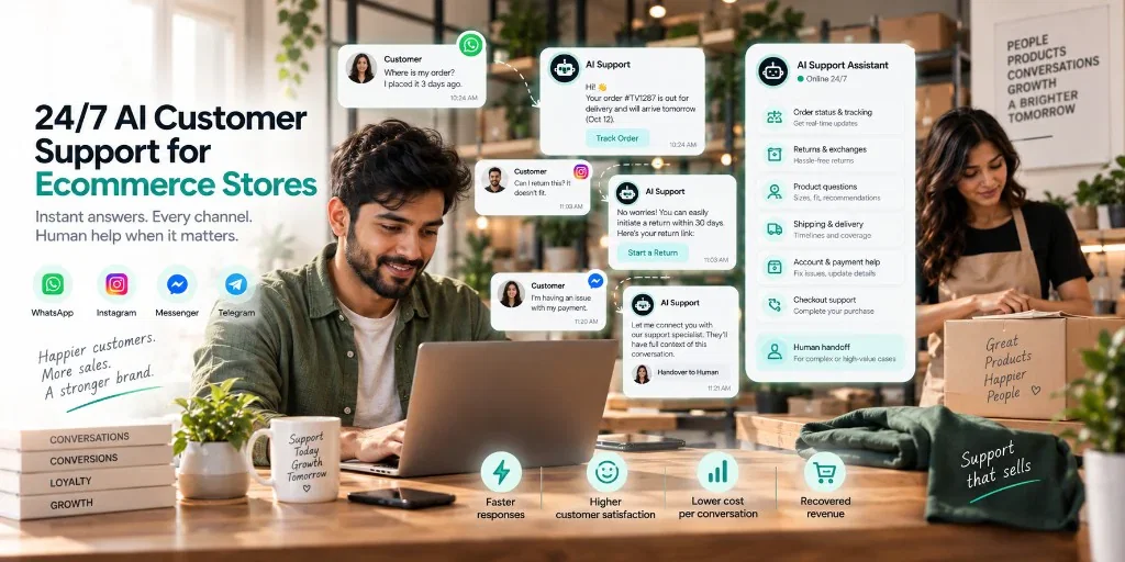 A retailer answering after-hours support on WhatsApp, Instagram and Messenger — tracking an order, starting a return, and handing a payment issue to a teammate.