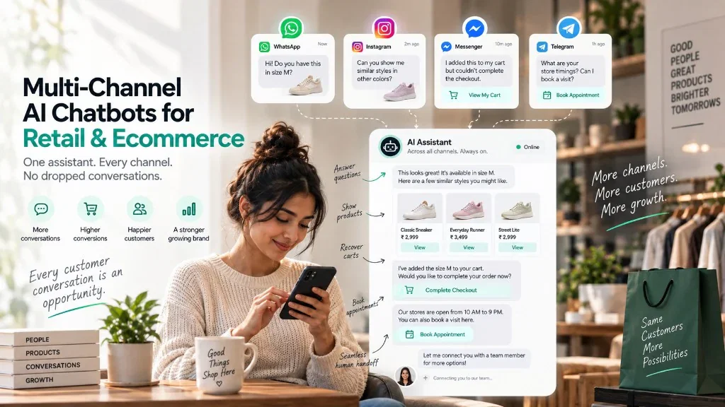 A retailer with one AI assistant across WhatsApp, Instagram, Messenger and Telegram — answering size questions, showing products, recovering a cart, and handing off to a teammate.