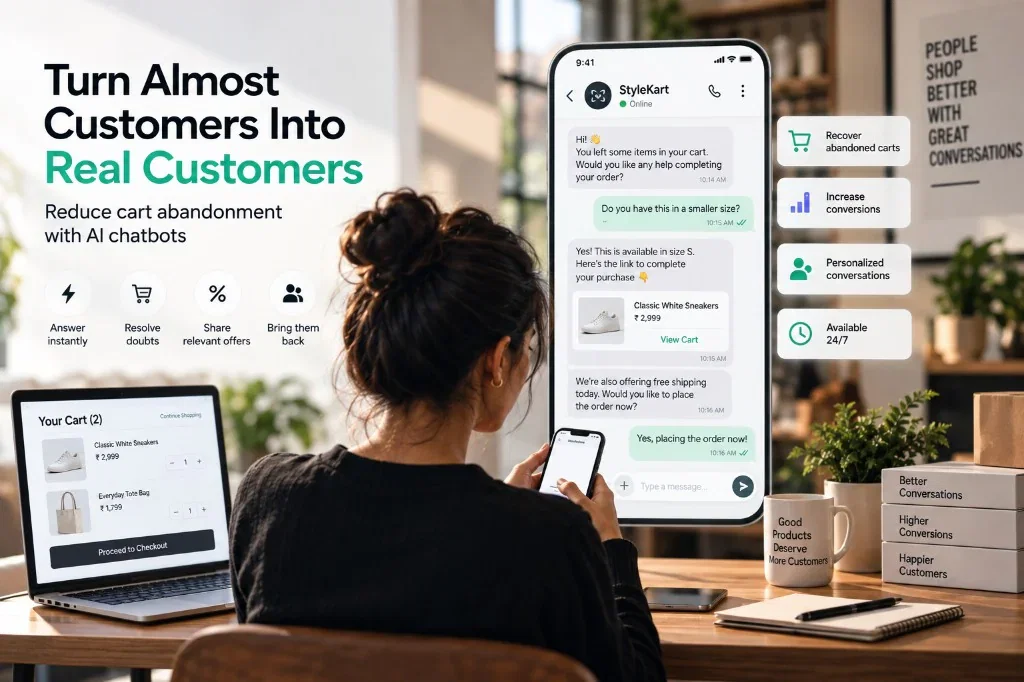A retailer recovering an abandoned cart over WhatsApp — answering a size question, sending a checkout link, and converting the shopper without a discount.