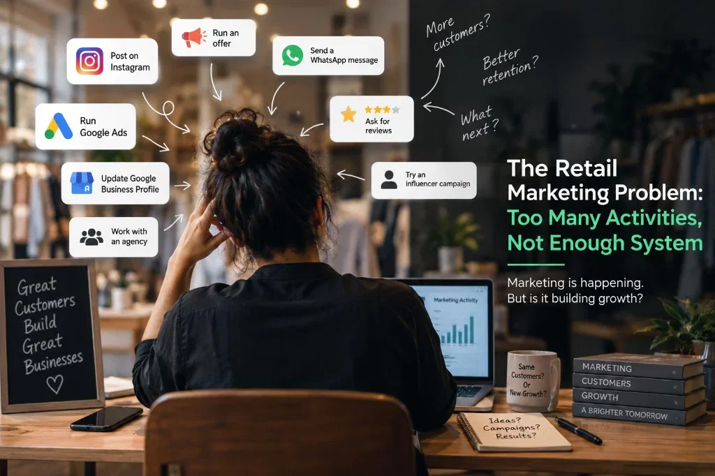 A retailer at a desk surrounded by disconnected marketing activities — Instagram, Google Ads, WhatsApp, reviews, and agencies — asking whether all that activity is actually building growth.