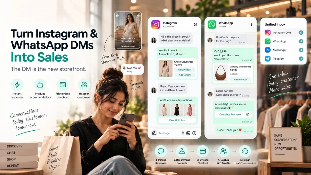 A shopper converting an Instagram Reel into a DM — the assistant confirms stock and sizes, shows the product, then closes the sale on WhatsApp with a checkout link.
