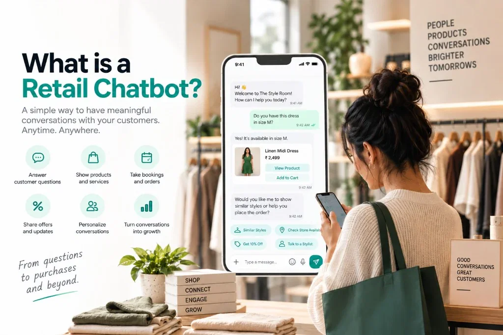 A shopper asking a retail chatbot if a dress is in size M — the assistant confirms stock, shows the product, and offers a path to buy or talk to a stylist.