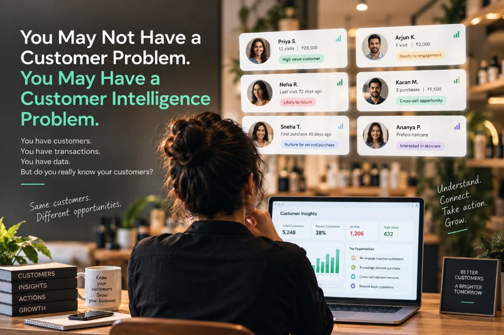 A retailer looking at customer insight cards — high-value, likely to return, needs re-engagement, cross-sell — while a dashboard shows who to understand, connect with and act on next.