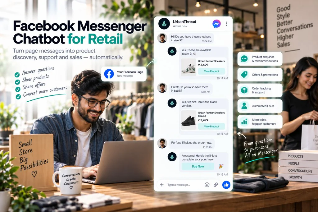A retailer converting a Facebook Page message into a Messenger sale — the assistant confirms sneaker sizes, shows the product, and sends a checkout link in the thread.