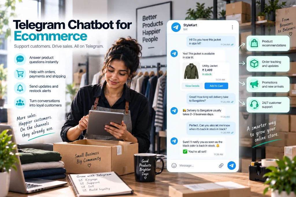 An ecommerce operator packing orders while a Telegram shop bot confirms jacket sizes, shipping to Bangalore, and a restock alert — support and sales in the same chat.