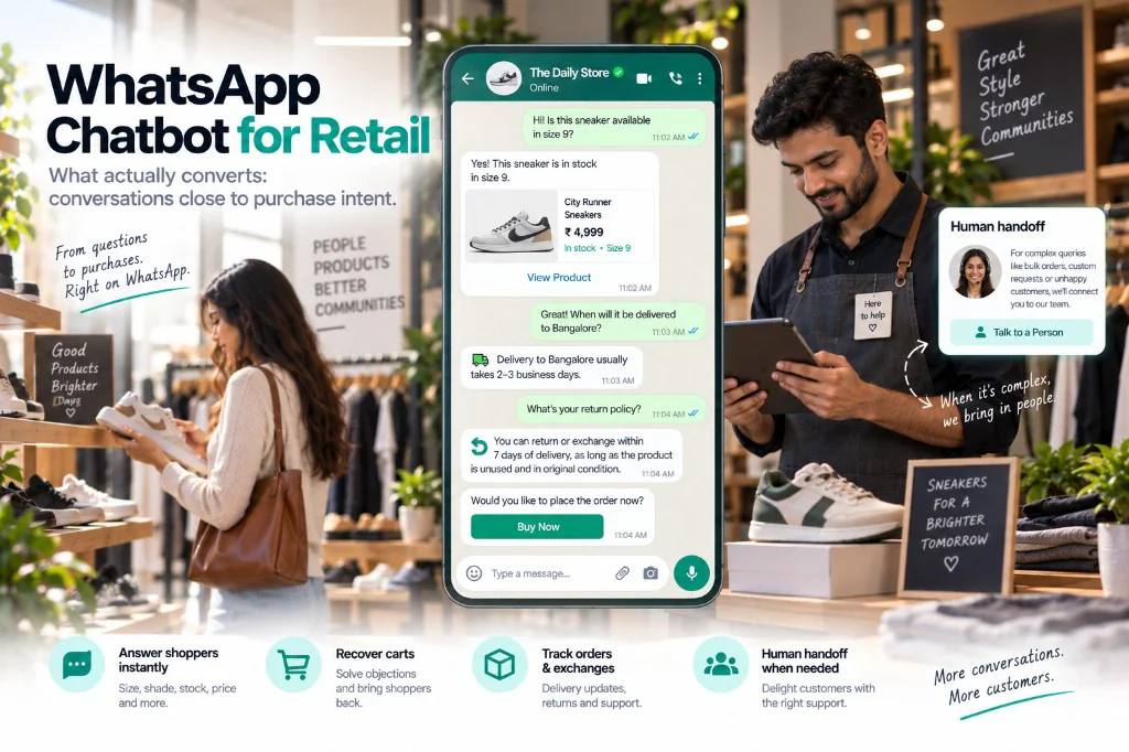 A retailer converting a WhatsApp question into a sale — the assistant confirms sneaker size, shipping to Bangalore, and return policy, then hands complex chats to a person.