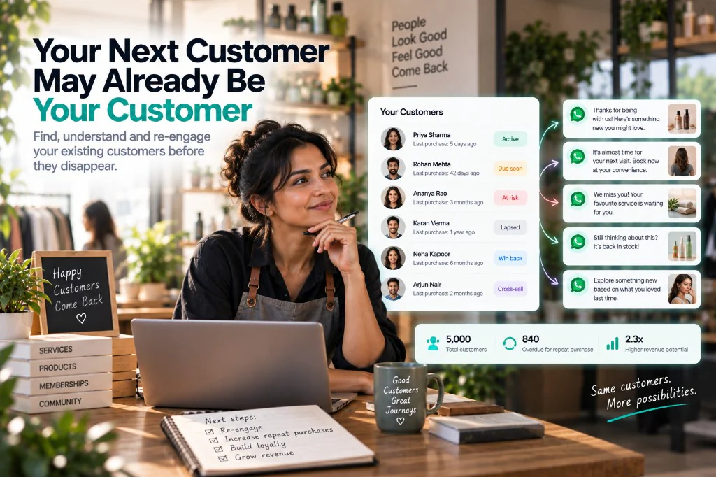 A retailer reviewing existing customers by recency — active, due soon, at risk, lapsed — then sending a relevant WhatsApp follow-up instead of another blast offer.